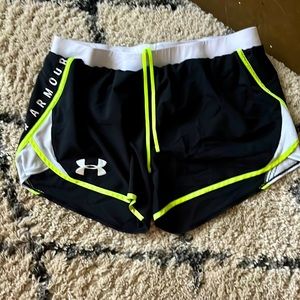 Under Armour highlighter yellow and black running shorts